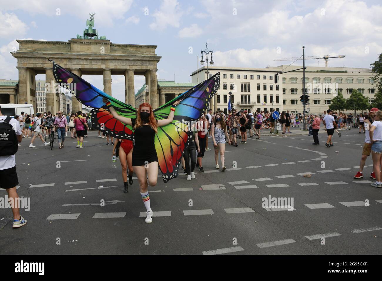 07/24/2021, Berlin, Germany. Participants at the CSD Berlin 2021.. Thousands of people move through Europe's 'rainbow capital' Berlin. At the CSD Parade in Berlin, people take to the streets for the rights of gays, lesbians, transsexuals and transgender people, inter- and bisexuals. The motto for 2021 is “Save our Community - Save your Pride!”. Stock Photo