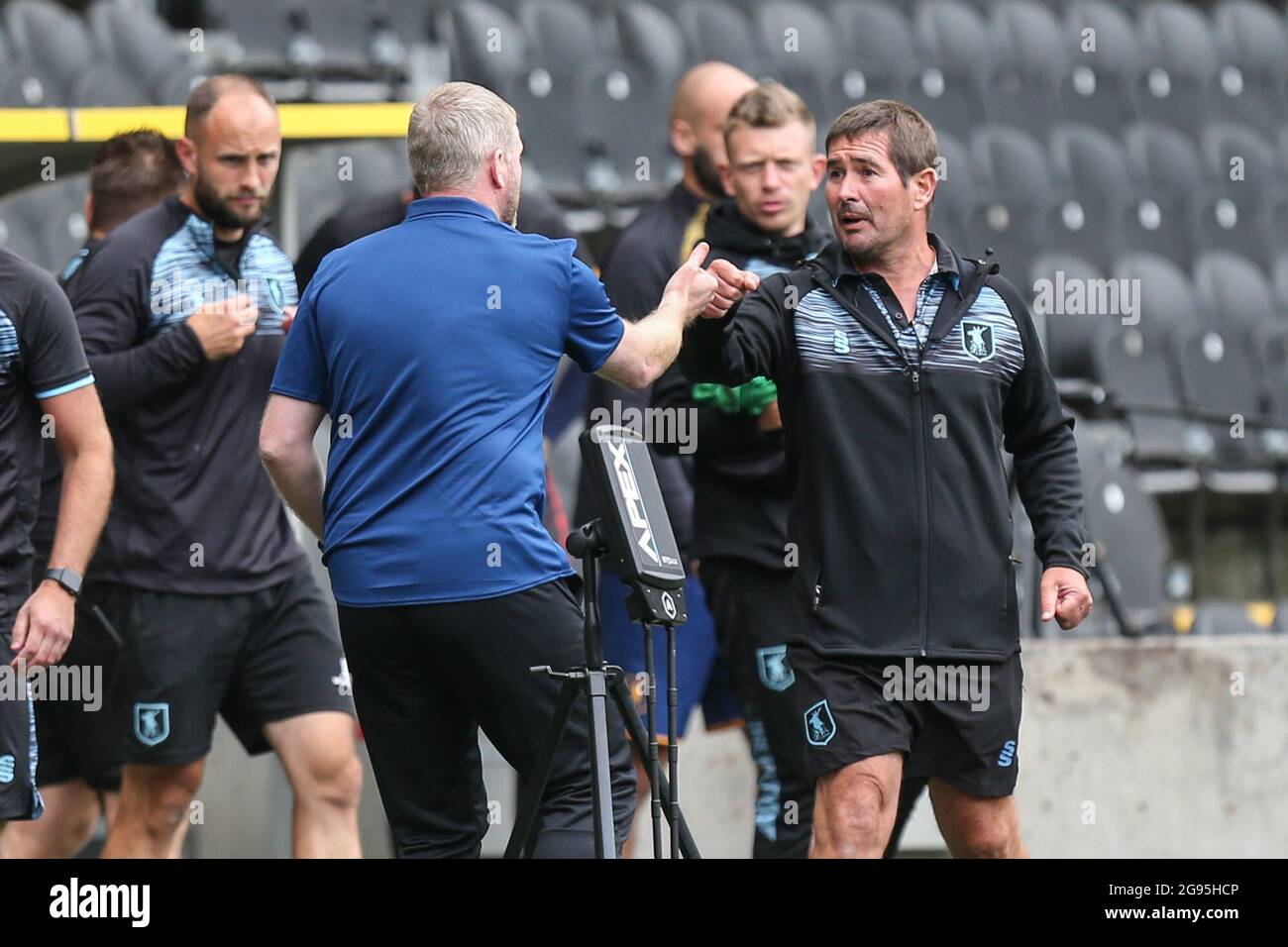 Grant McCann manager of Hull City and Nigel Clough manager of Mansfield Town acknowledge each other after the final whistle in, on 7/24/2021. (Photo by David Greaves/News Images/Sipa USA) Credit: Sipa USA/Alamy Live News Stock Photo
