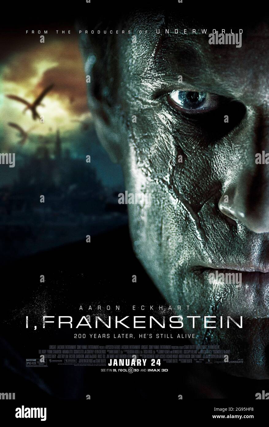 I, Frankenstein (2021) directed by Janell Shirtcliff and starring Aaron Eckhart, Bill Nighy and Miranda Otto. Frankenstein's creature finds himself caught in an all-out, centuries old war between two immortal clans of demons and gargoyles. Stock Photo