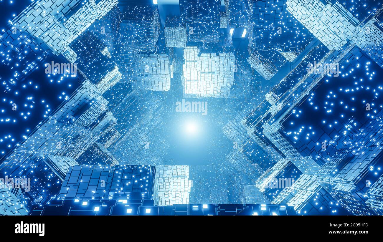 abstract digital Futuristic Sci-Fi background, big data, computer hardware, network, blue neon light, 3d model and illustration. Stock Photo