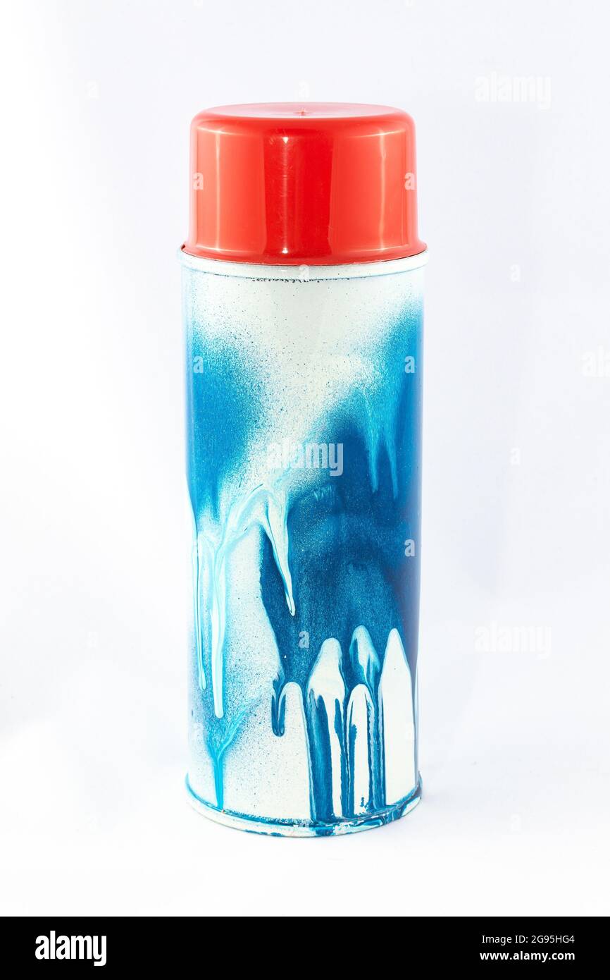 Blue Spray Paint Can on White Background - Close-Up Shot Stock Photo