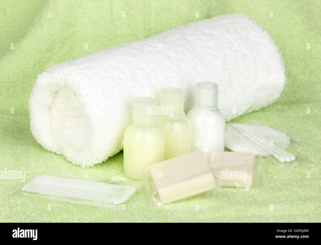 Hotel amenities kit on towel Stock Photo Alamy