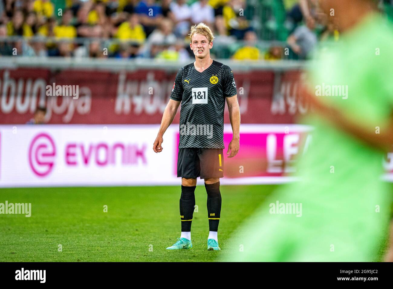 St. Gallen, Switzerland. 24th July, 2021. Football: Bundesliga, Test  matches, Borussia Dortmund - Athletic Bilbao at Kybunpark. Dortmund's  Julian Brandt looks on in disbelief. Credit: David Inderlied/dpa -  IMPORTANT NOTE: In accordance