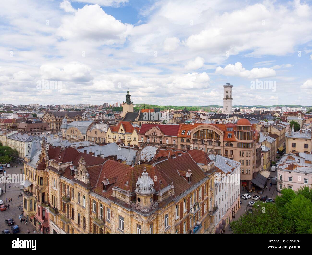 Historical Buildings in Lviv city center aerial view at Summertime midday, Western Ukraine Stock Photo