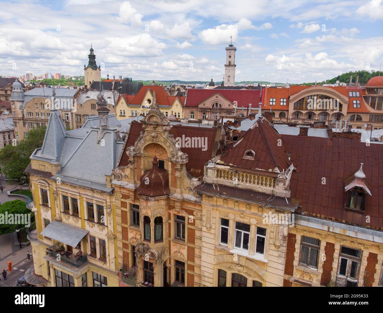 Historical Buildings in Lviv city center aerial view at Summertime midday, Western Ukraine Stock Photo