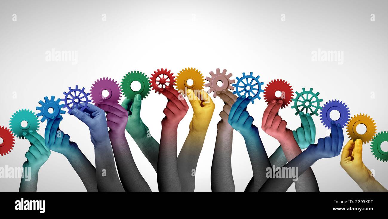 Collaborating together and team collaboration concept or connecting unity teamwork idea as a business metaphor for joining a partnership as diverse. Stock Photo