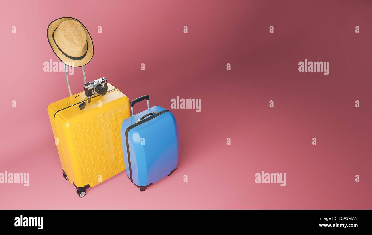 Yellow and blue suitcase with sun hat and glasses, camera on pastel background., travel concept.,3d illustration. Stock Photo