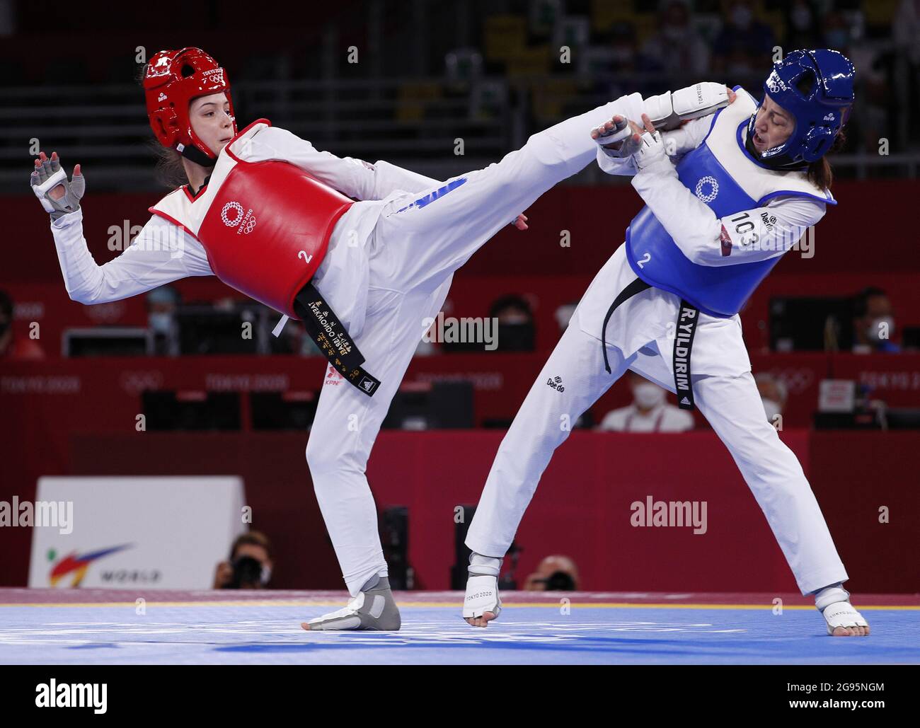 Tokyo, Japan. 24th July, 2021. Israel's Abishag Semberg (red) competes  against Turkey's Rukiye Yildirim in the bronze medal match of Women's 49kg  Taekwondo at the Tokyo Summer Olympic Games in Tokyo, Japan,