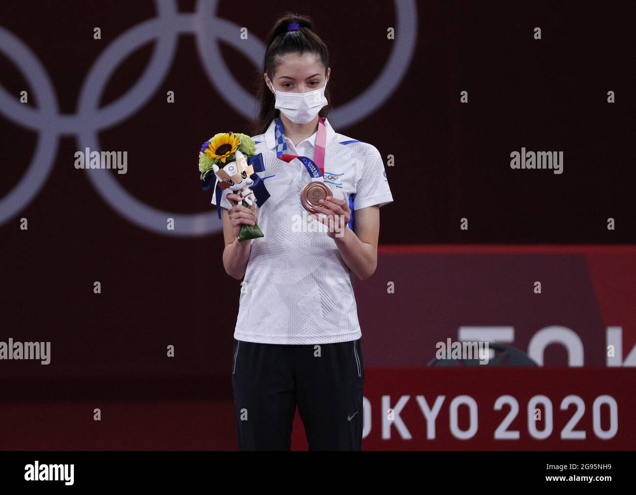Tokyo, Japan. 24th July, 2021. Israel's Abishag Semberg stands on the podium with her bronze medal after the Women's 49kg Taekwondo at the Tokyo Summer Olympic Games in Tokyo, Japan, on Saturday, July 24, 2021. Photo by Bob Strong/UPI. Credit: UPI/Alamy Live News Stock Photo