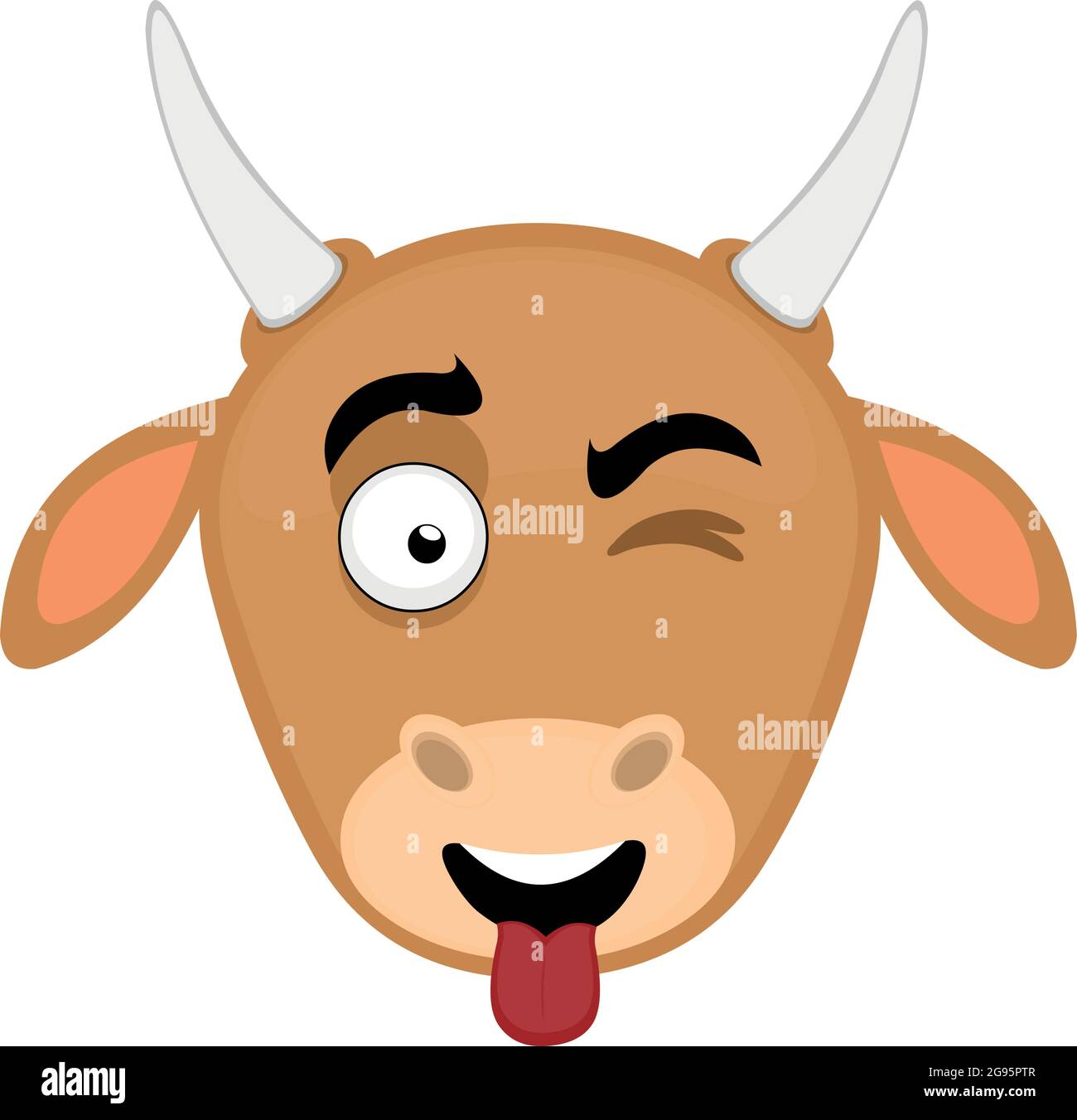 Vector emoticon illustration of a cartoon bull's head with a happy expression, sticking his tongue out and winking his eye Stock Vector