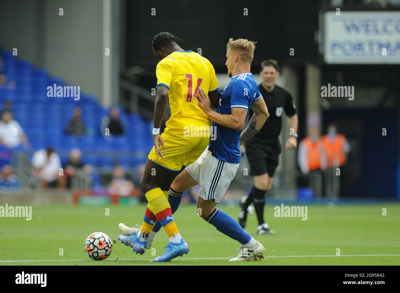Ipswichs Luke Woolfenden tackles Crystal Palaces Jean-Phillipe Mateta during the Pre-season Friendly match between Ipswich Town and Crystal Palace at Portman Road, Ipswich on Saturday 24th July 2021. (Credit: Ben Pooley | MI News & Sport) Credit: MI News & Sport /Alamy Live News Stock Photo