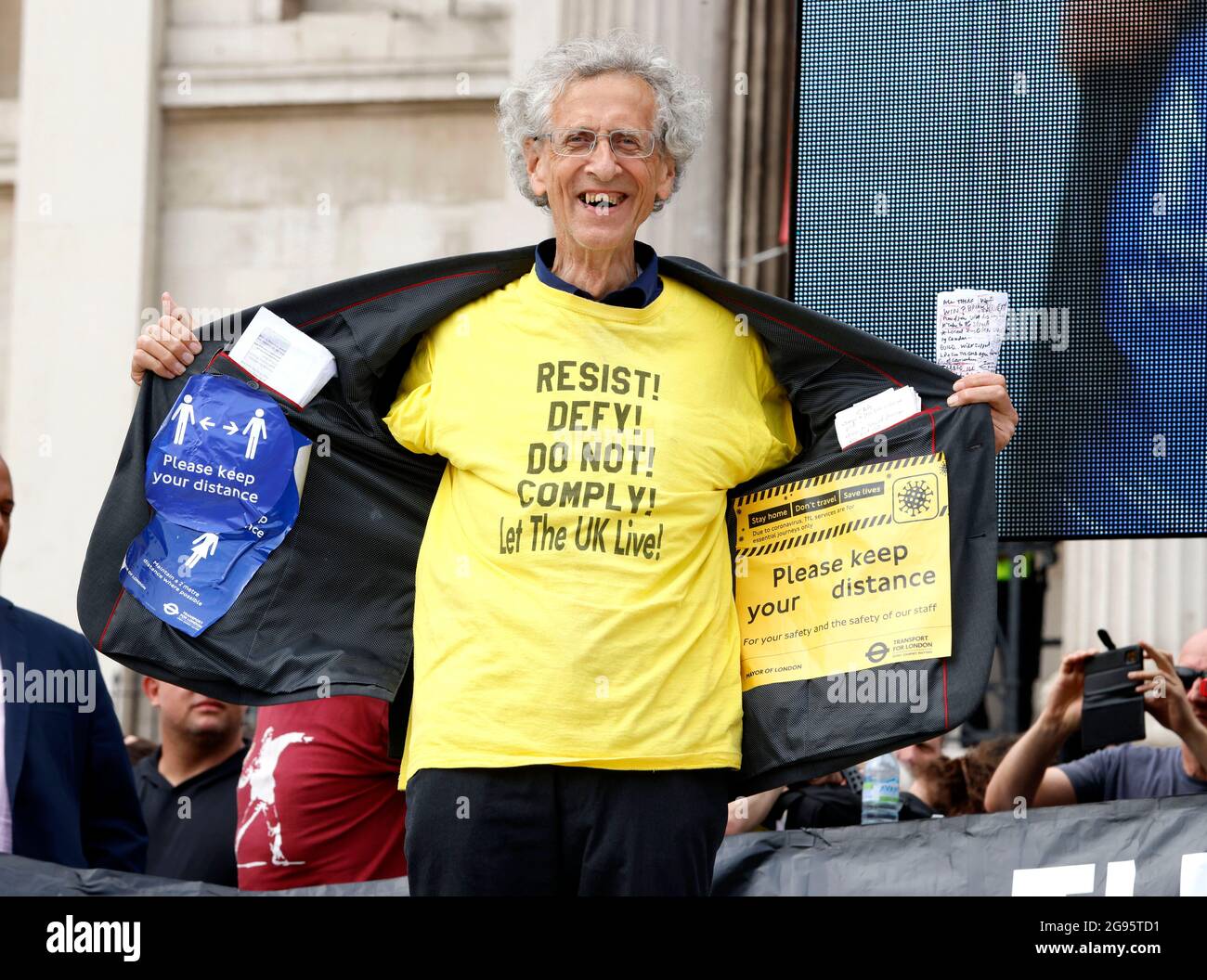 London, UK. 24th July, 2021. Piers Corbyn addresses the demonstration. Thousands of people gather in Trafalgar Square to protest against the vaccination programme and to celebrate World Freedom Day with events taking place all over the world. Anti-Vaxx demonstration. Westminster. Anti-Vaxx demonstrators demonstrate against the Governments Freedom day and the introduction of vaccine passports. Credit: Mark Thomas/Alamy Live News Stock Photo