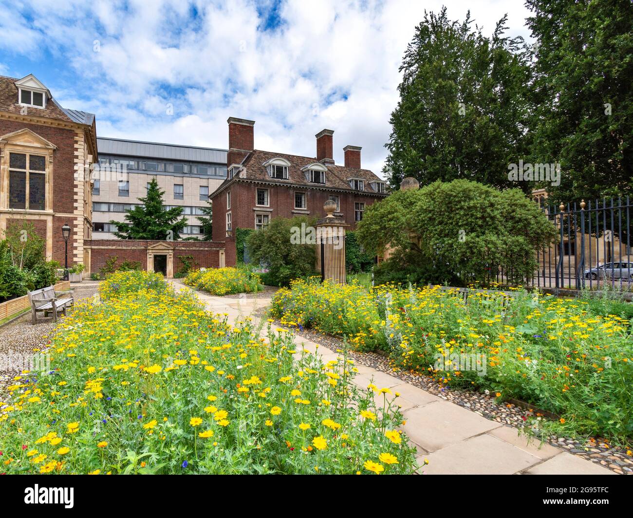 CAMBRIDGE ENGLAND TRUMPINGTON STREET ST CATHARINE'S COLLEGE COLOURFUL FLOWER BEDS IN SUMMER Stock Photo
