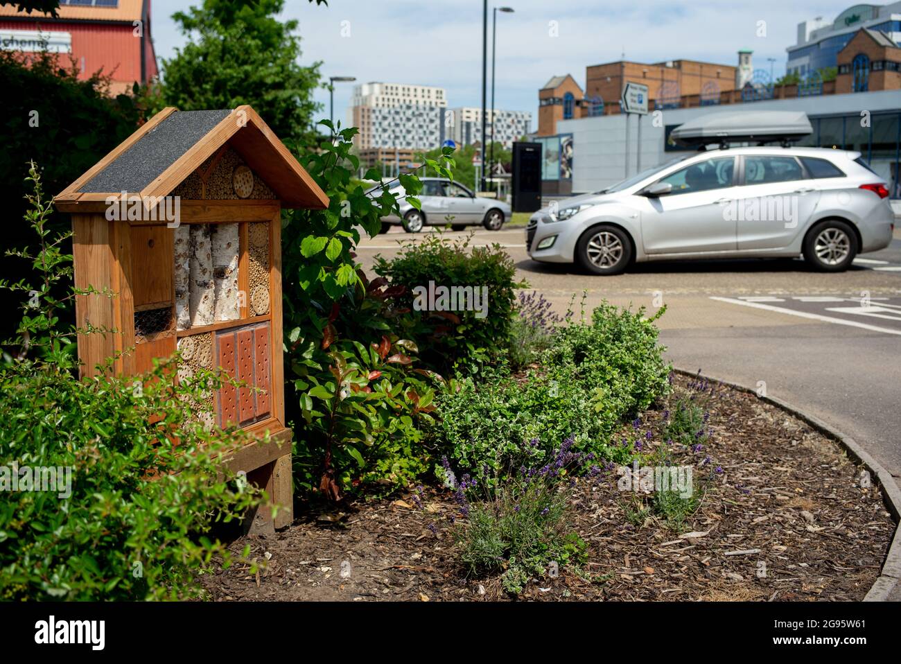 A bee and insect hotel situated in Southampton City Centre to help the environment and local wildlife population. Stock Photo
