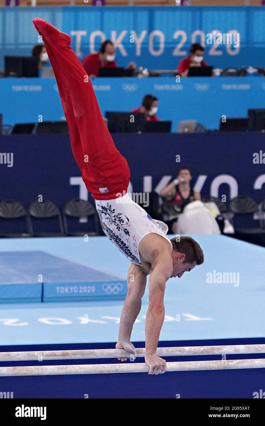 Tokyo Japan 24th July 21 Samuel Mikulak Of Team United States Performs His Parallel Bars Routine During Men S Gymnastics Preliminary Competition At Ariake Gymnastics Centre During The Tokyo Olympic Games In Tokyo Tokyo Japan 24th July 21 Samuel Mikulak Of Team United States Performs His Parallel Bars Routine During Men S Gymnastics Preliminary Competition At Ariake Gymnastics Centre During The Tokyo Olympic Games In Tokyo