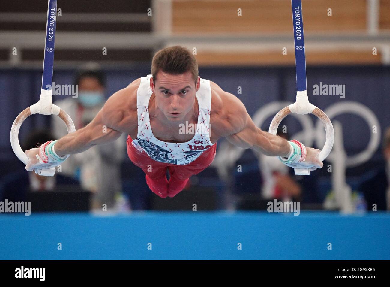 Tokyo Japan 24th July 21 Samuel Mikulak Of Team United States Performs His Still Rings Routine During Men S Gymnastics Preliminary Competition At Ariake Gymnastics Centre During The Tokyo Olympic Games In Tokyo