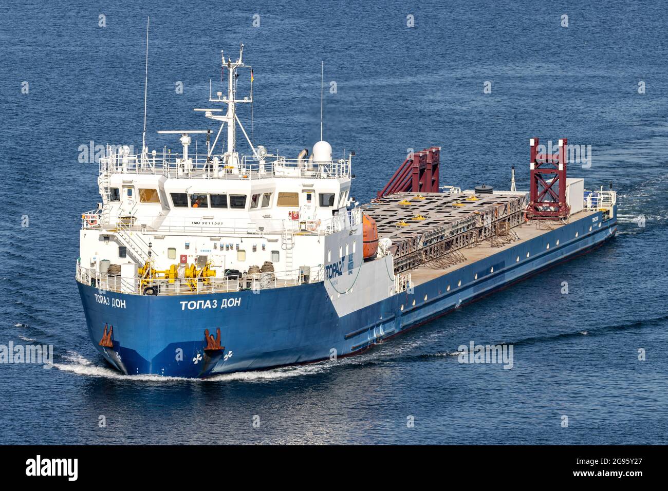 deck cargo ship TOPAZ DON in the Kiel Canal Stock Photo