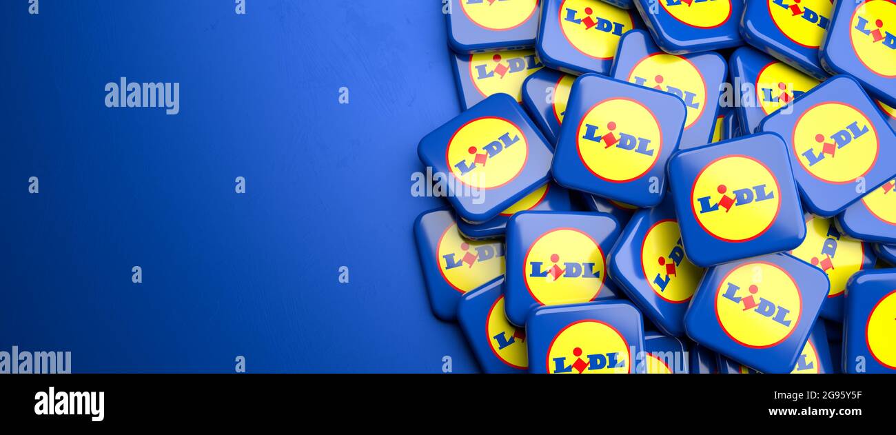Logos of the German discount supermarket chain Lidl. Copy space. Web banner format. Stock Photo