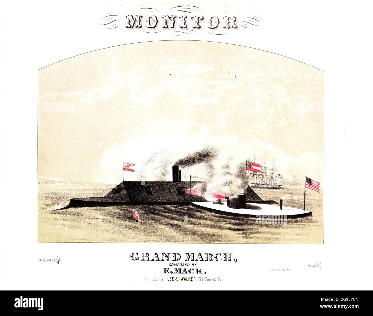 Monitor Grand March. 1862 Civil War lithographed sheet music depicting the battle between the