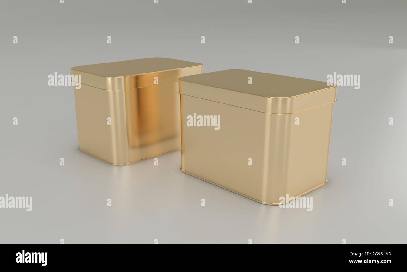 3D rendering of golden cans isolated on a gray background Stock Photo ...