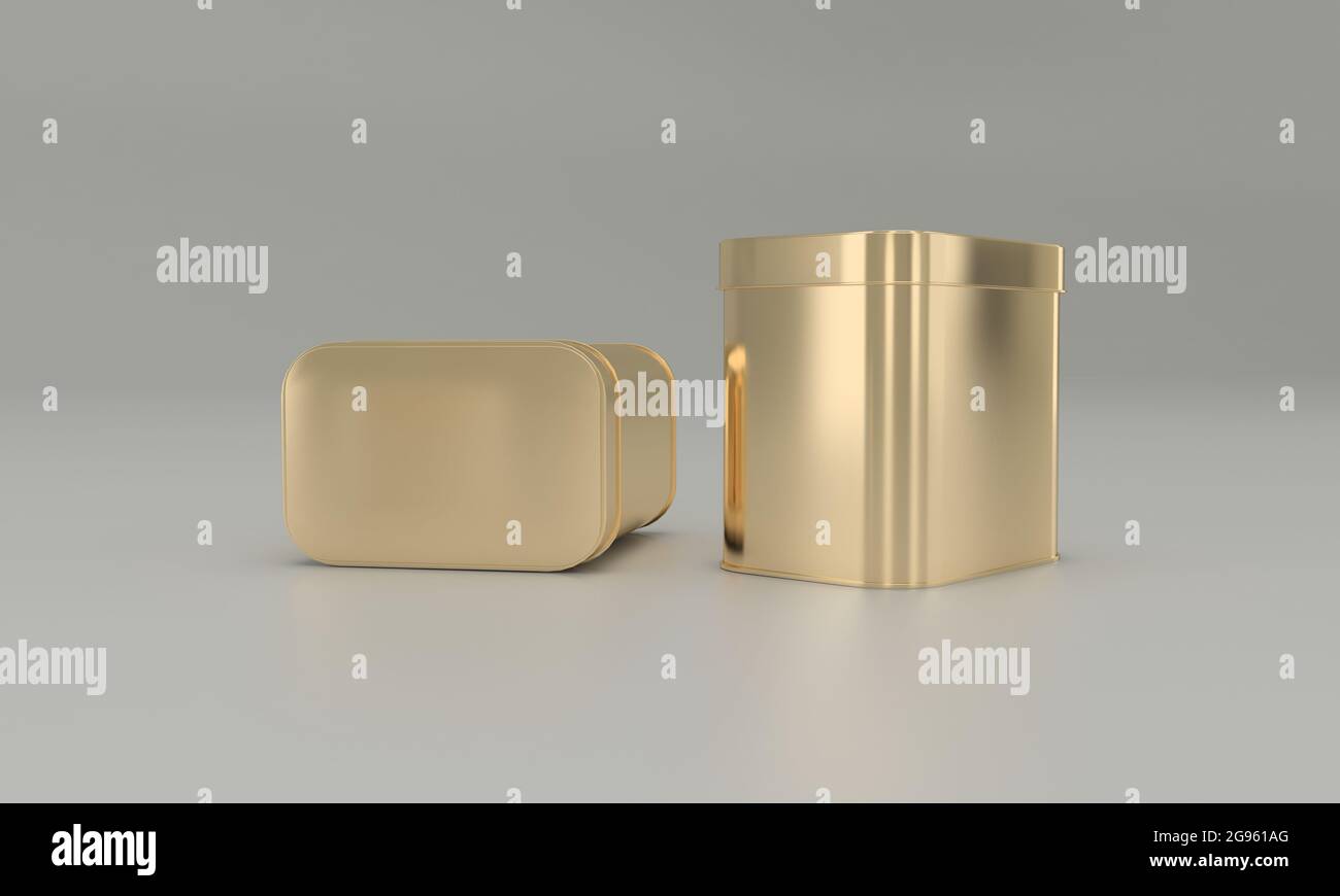 3D rendering of golden cans isolated on a gray background Stock Photo ...