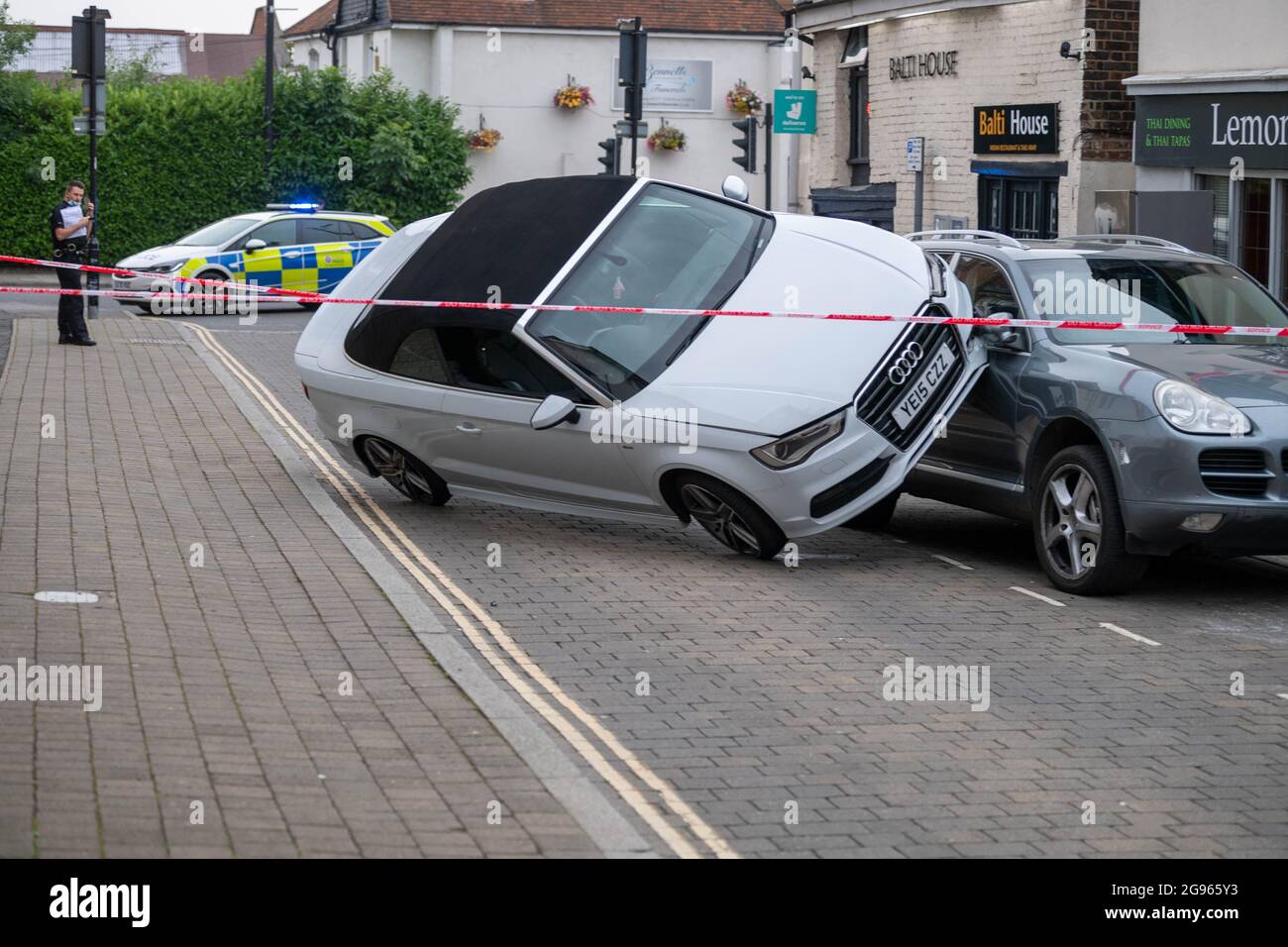 Brentwood Essex 24th July 2021 Road Traffic accident, Hart Street, Brentwood Essex,  A woman, Emma Turner 21, has been arrested and charged with drunk driving Credit: Ian Davidson/Alamy Live News Stock Photo