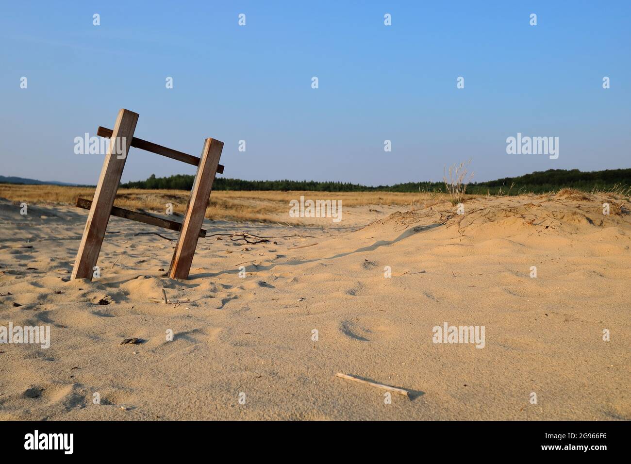 Abandoned wooden ladder on sandy dry area, Bledowska Desert in Poland, desertification on the Earth. Stock Photo