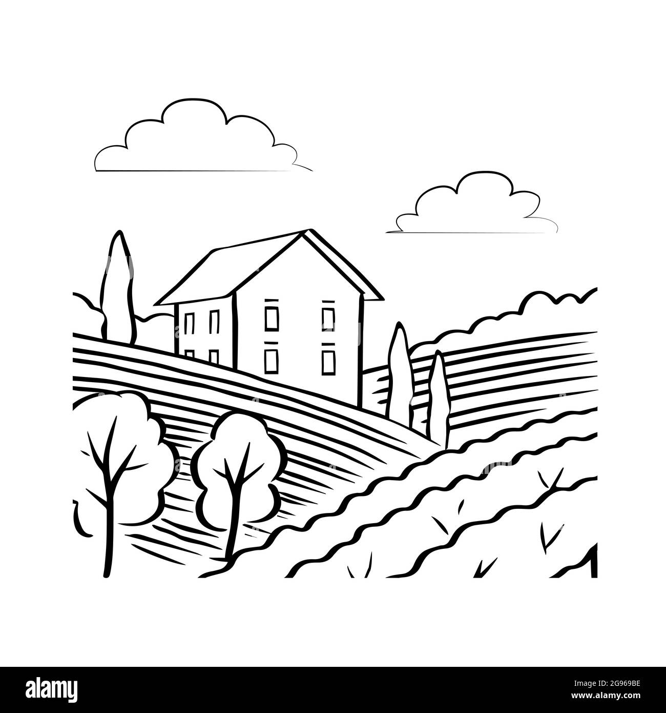 Vineyard fields and villa. Italian landscape. Wine label. Vector black and white illustration outline Stock Vector