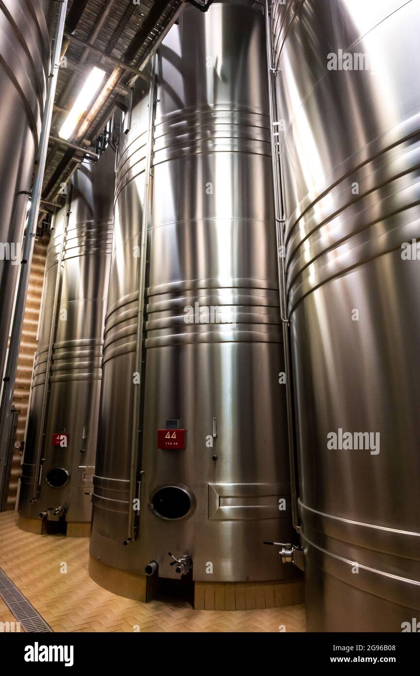 Traditional champagne sparkling wine making process in steel tanks in