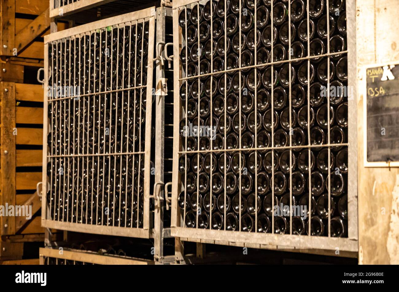 Traditional champagne sparkling wine making process in underground