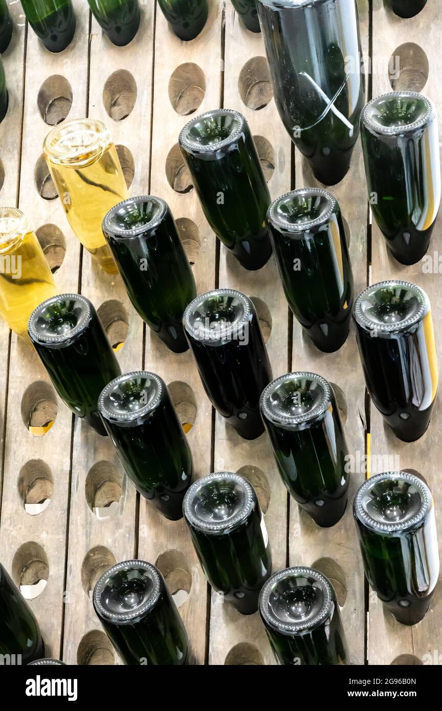 Traditional champagne sparkling wine making process in underground