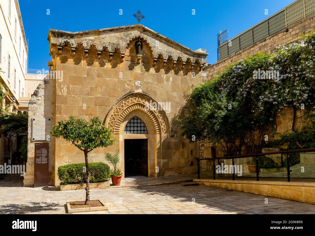 Jerusalem, Israel - October 12, 2017: Facade of medieval Church of the Flagellation at Via Dolorosa street in eastern Islamic quarter of Jerusalem Stock Photo