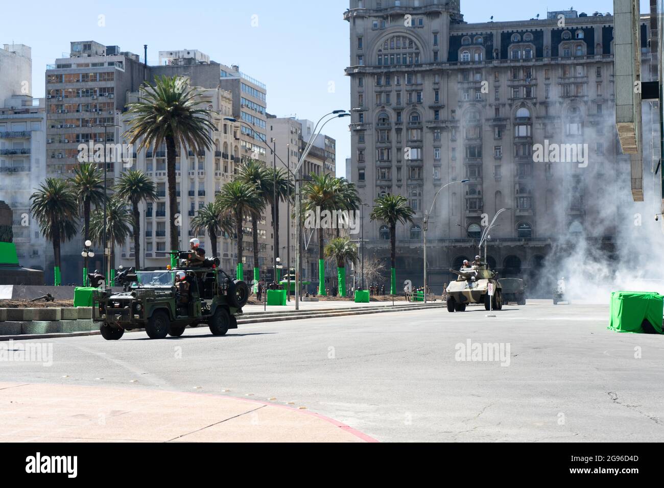 Recording of series Conquest de Netflix produced by Keanu Reeves in Independence Square. Montevideo, Uruguay Stock Photo