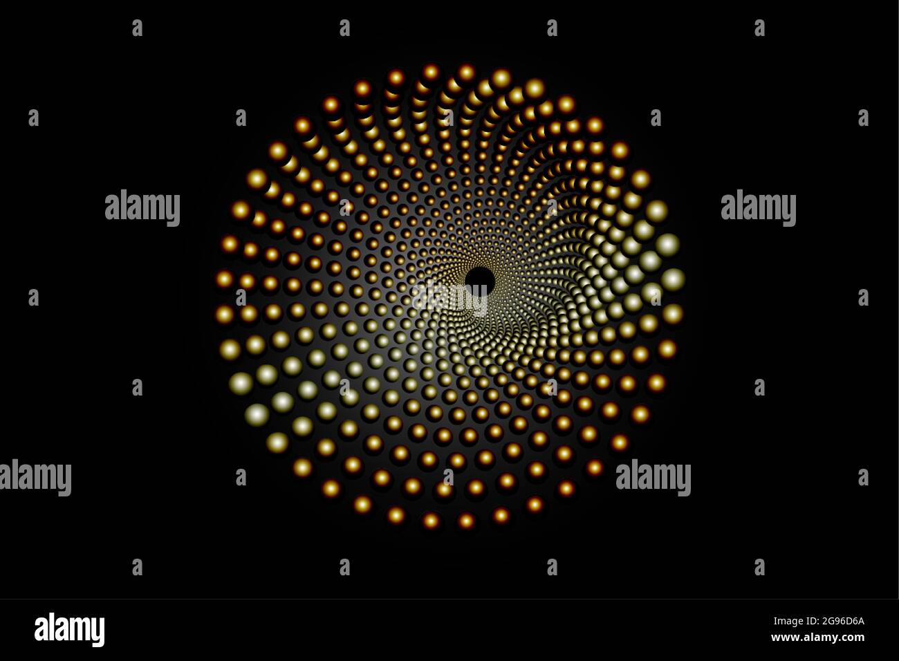 3D gold halftone dots circle, spiral pattern round logo template, vector dotted frame. Golden luxury Gradient color design element isolated on black Stock Vector