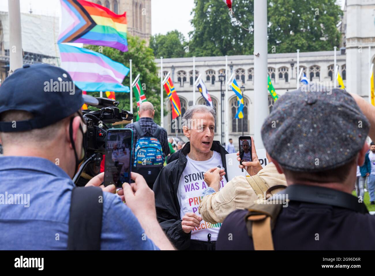 Peter Tatchell speaking at the Reclaim Pride protest, London Stock Photo