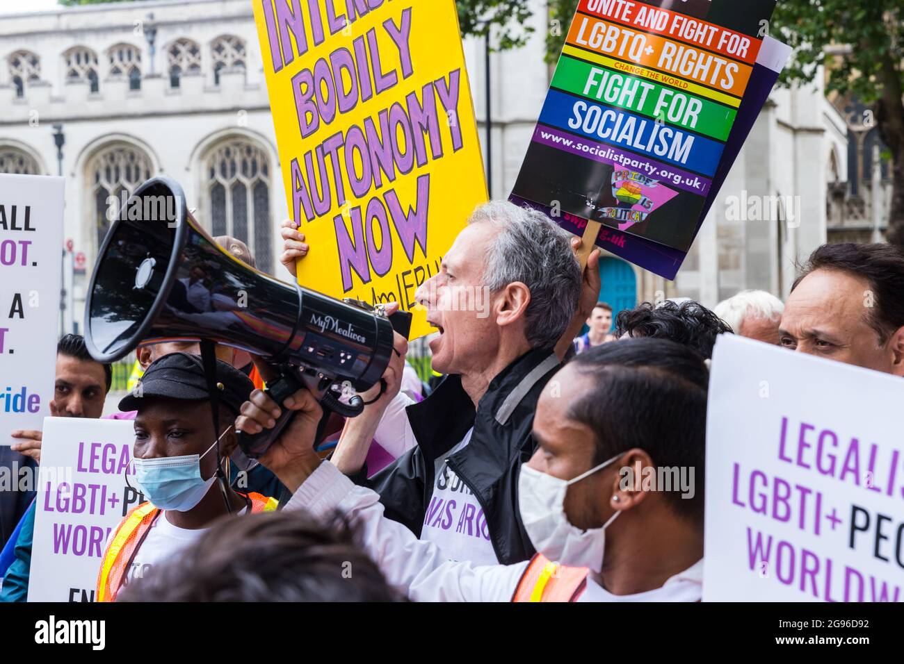 Peter Tatchell speaking at the Reclaim Pride protest, London Stock Photo