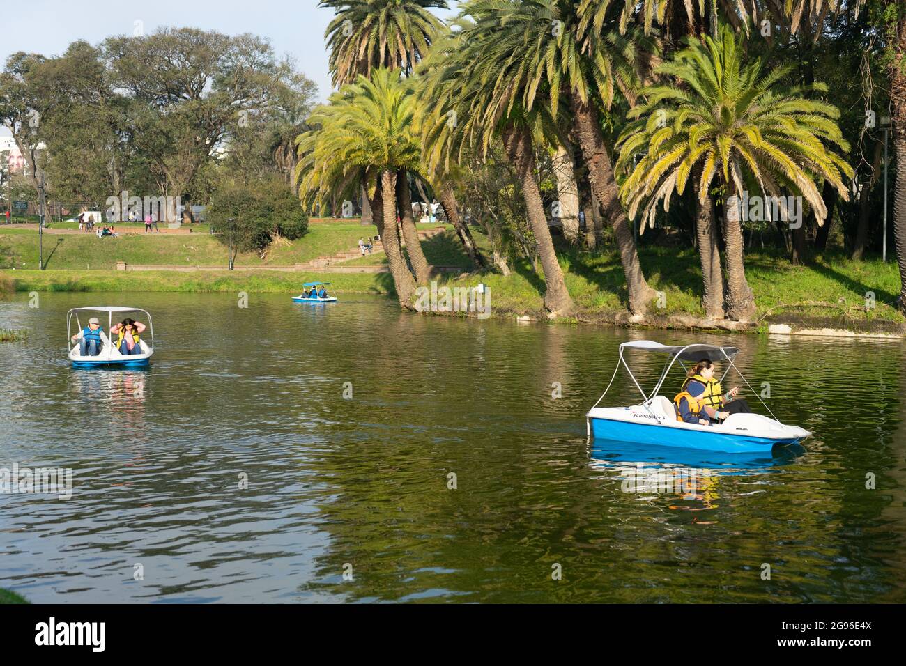 Pedal boats on the lake in Parque Rodo. Montevideo, Uruguay Stock Photo