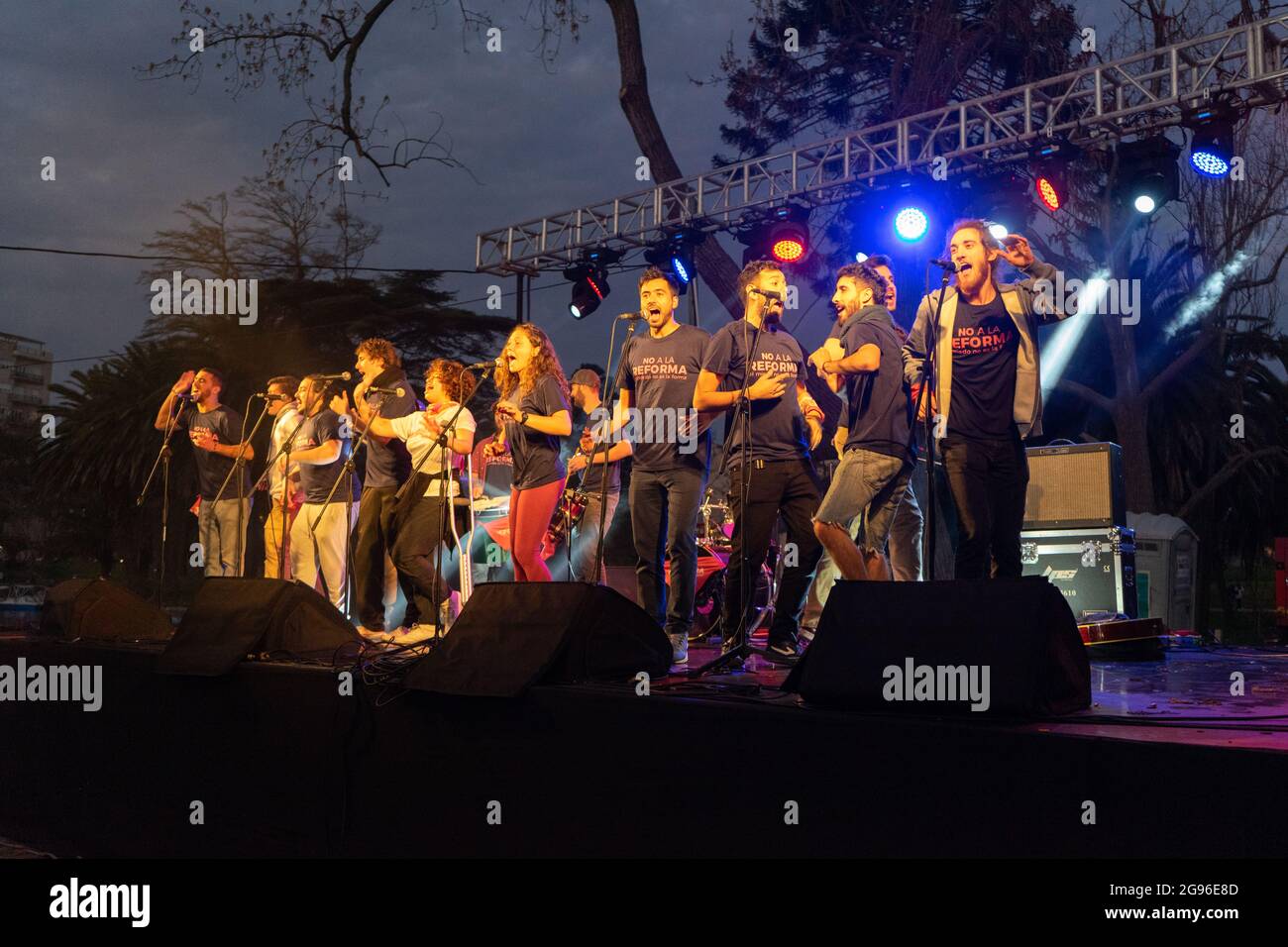 Murga musical group in presentation. Festival in Park Rodo, Montediveo, Uruguay Stock Photo