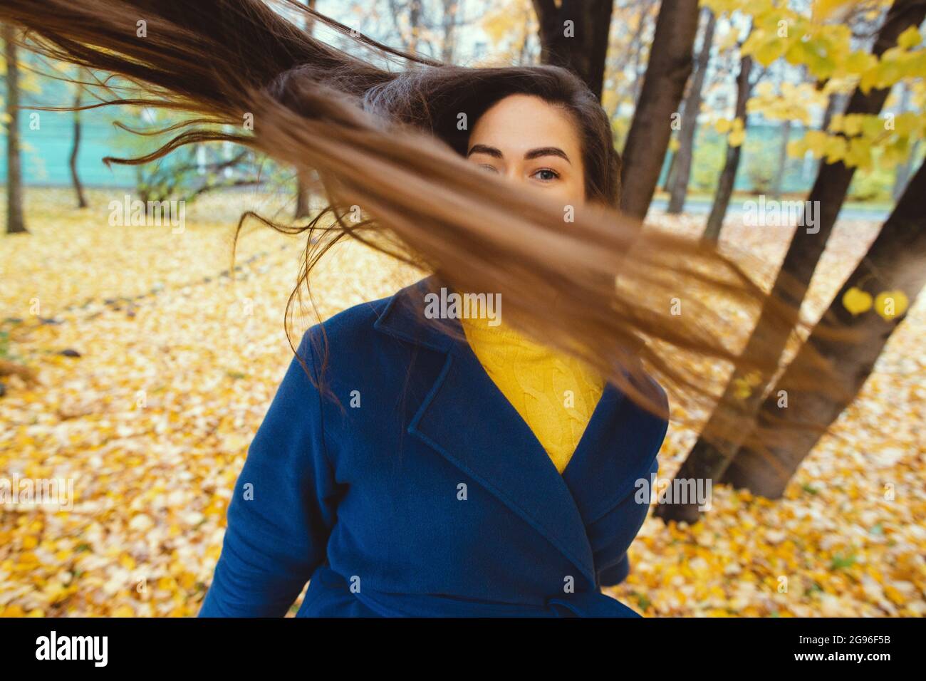 Playful young woman with autumn leaves in hand and fall yellow maple ...