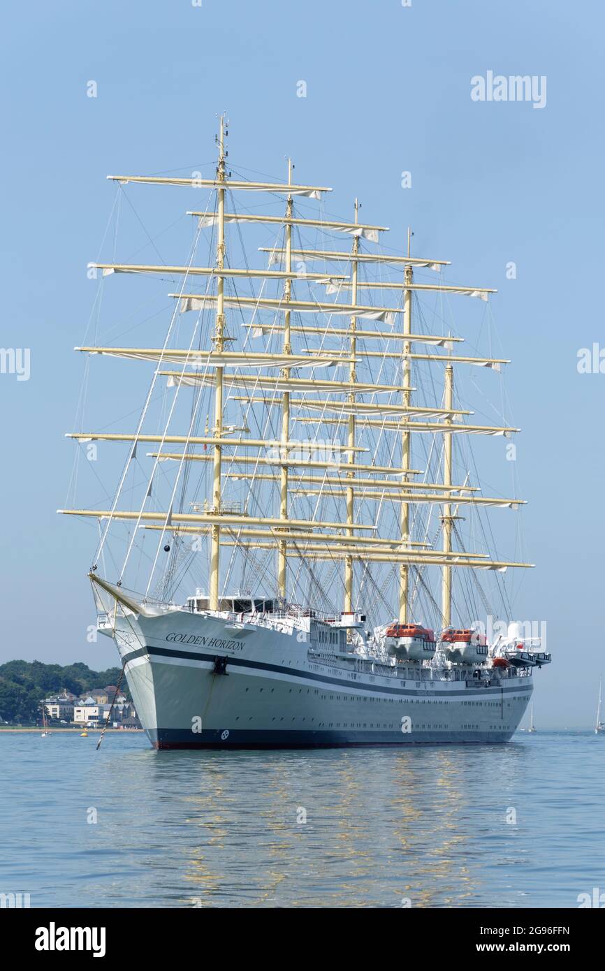 A classic design. The Golden Horizon has a steel hull, five masts and is based on a French design. She is the world's largest luxury sailing ship. Stock Photo