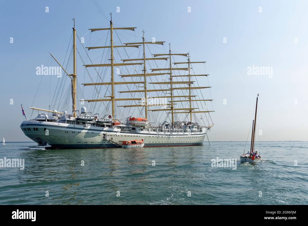 A classic design. The Golden Horizon has a steel hull, five masts and is based on a French design. She is the world's largest luxury sailing ship. Stock Photo