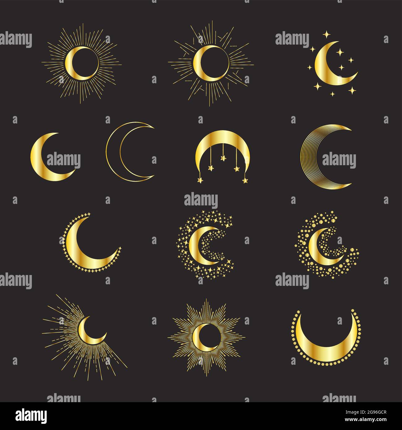 Set of golden phases of the moon, with rays and stars, magical