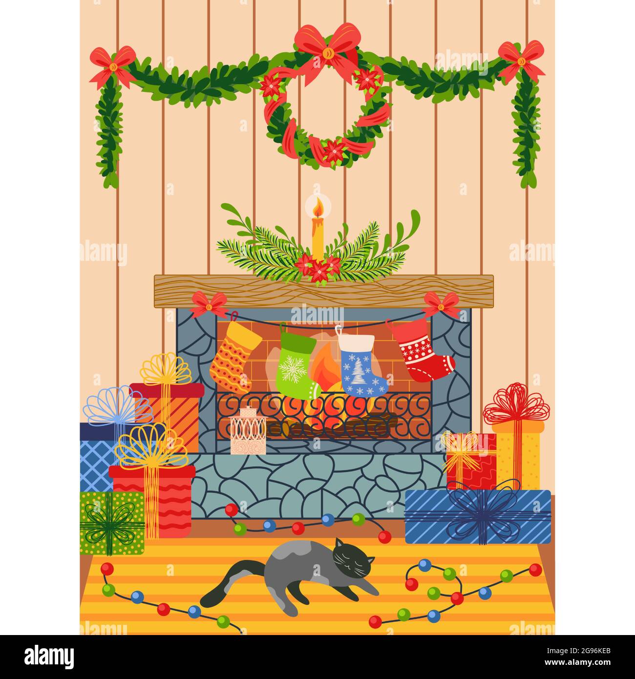 Merry Christmas Eve Happy New Year Flat Interior for Home Living Room. Decorations, Wreath on Wall above Fireplace, Red Xmas Stockings. Fir Tree, Gift Stock Vector