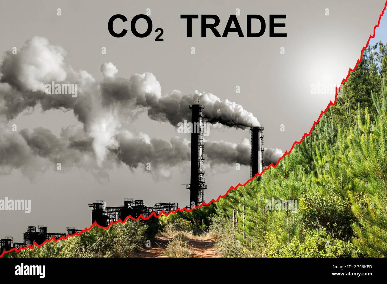 CO2 carbon dioxide emission rights certicication certificates trading with rising price chart Stock Photo