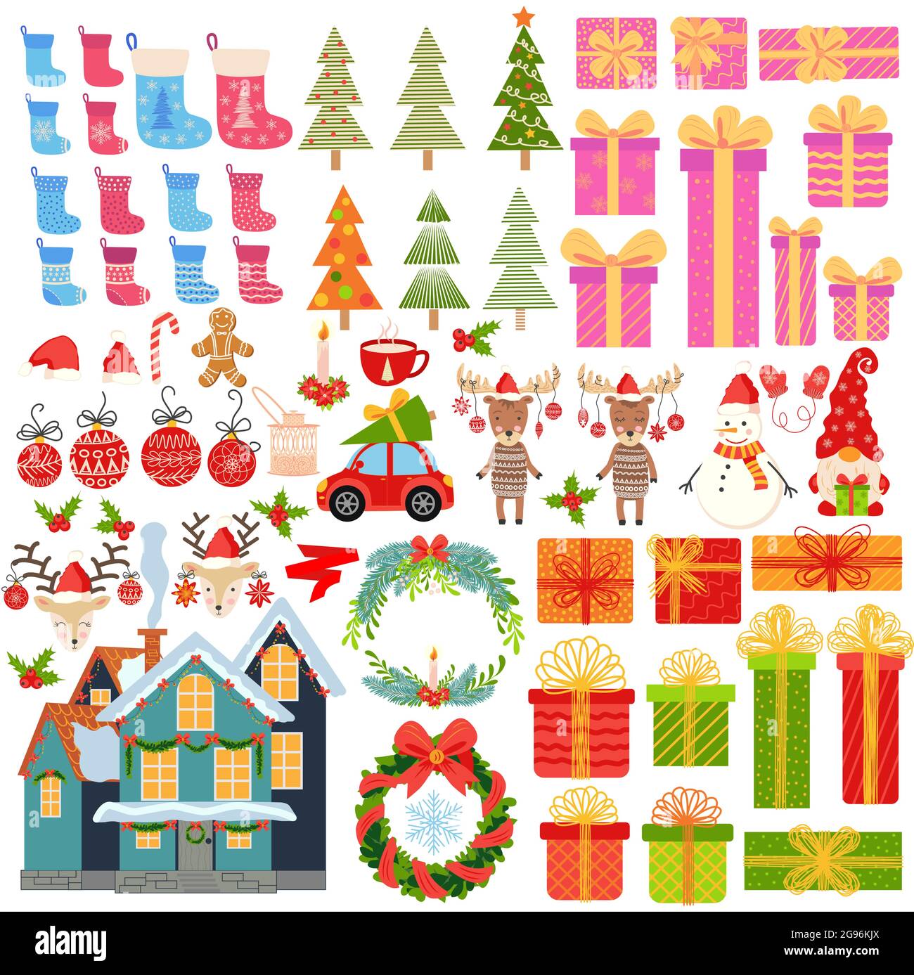 Big set of Christmas elements hand drawn. Gifts, stockings, Christmas trees, gnomes, candies, mistletoe, wreaths and other symbols of the New Year and Stock Vector