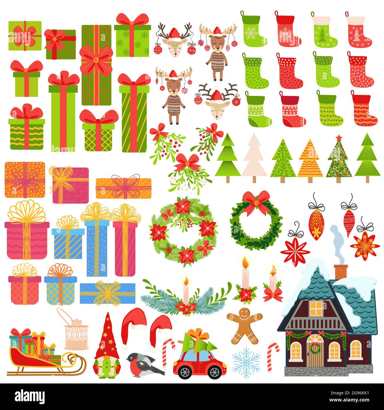 Big set of Christmas elements hand drawn. Gifts, stockings, Christmas trees, gnomes, candies, mistletoe, wreaths and other symbols of the New Year and Stock Vector