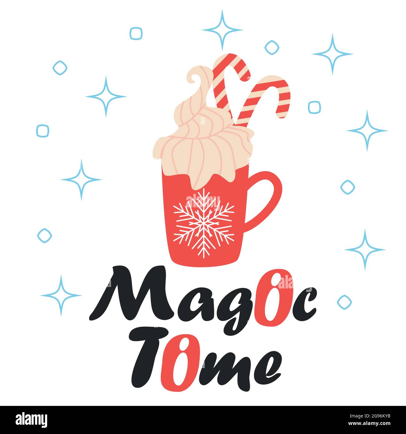 Merry Christmas Card. Red Mug with Hot Chocolate Cocoa, greeting card, apparel and label design. Stock Vector