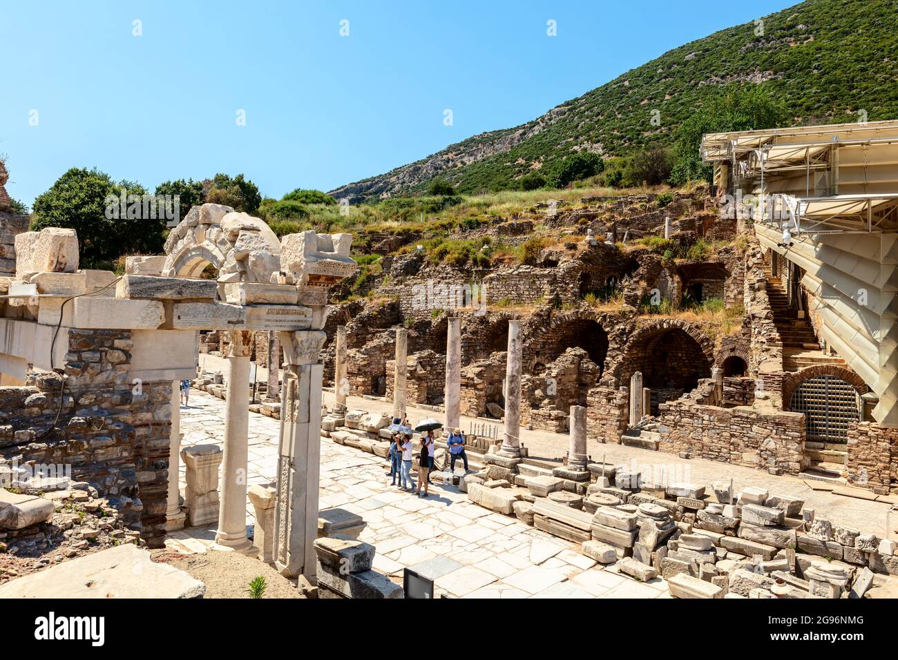 Restoration work in progress at the ancient Roman Archaeological site of Ephesus with mosaics and temple of Hadrian in Anatolia, Turkey. Stock Photo