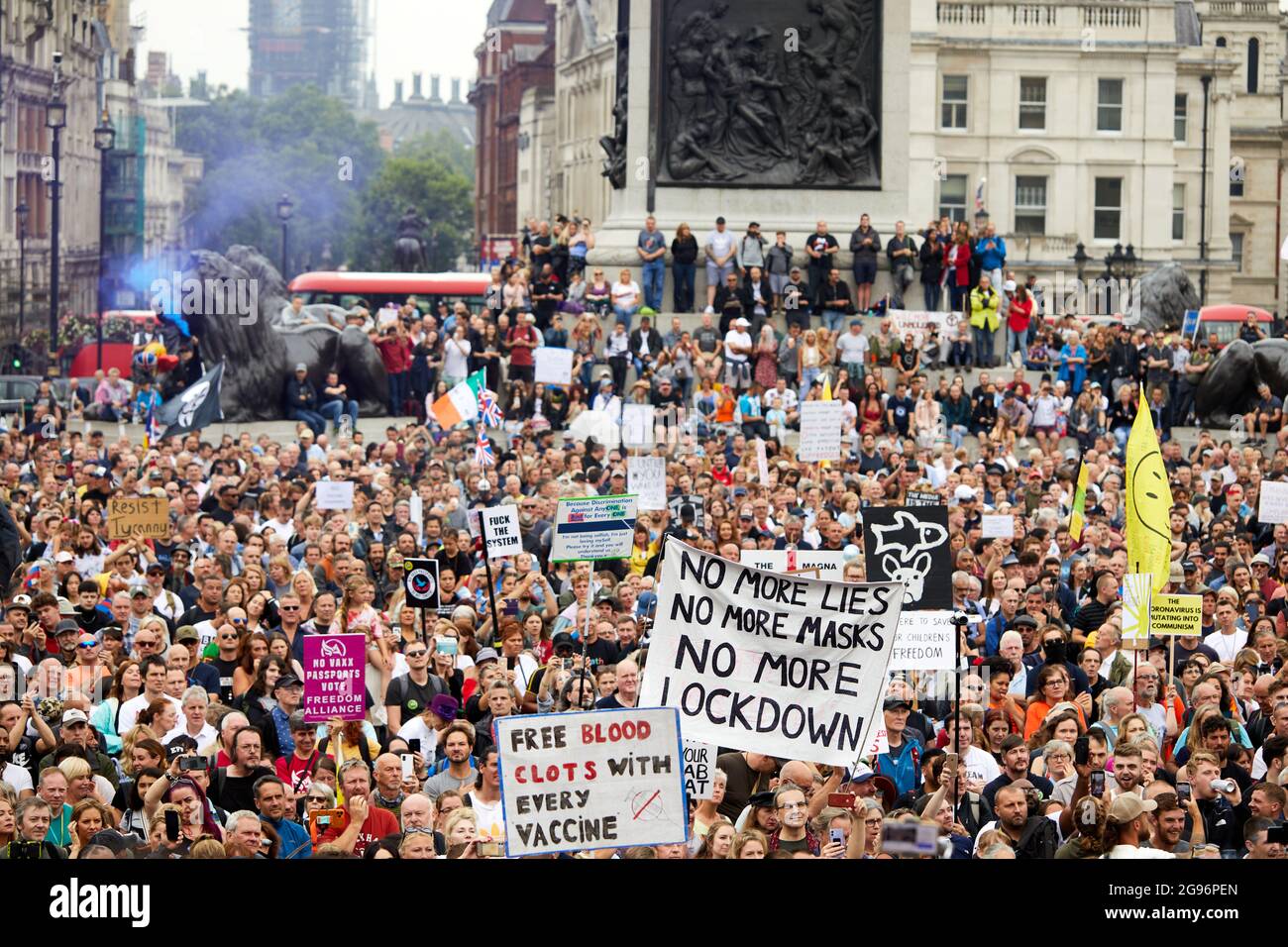 London, UK. - 24 July 2021: Thousands of protesters attend a freedom rally in Trafalgar Square, calling for an end to mask wearing, vaccine passports and further lockdowns. Stock Photo