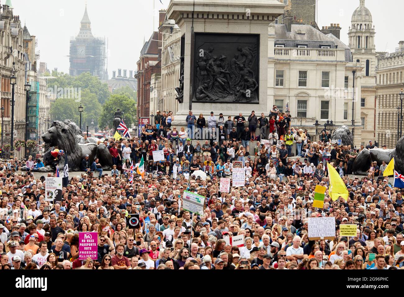 London, UK. - 24 July 2021: Thousands of protesters attend a freedom rally in Trafalgar Square, calling for an end to mask wearing, vaccine passports and further lockdowns. Stock Photo